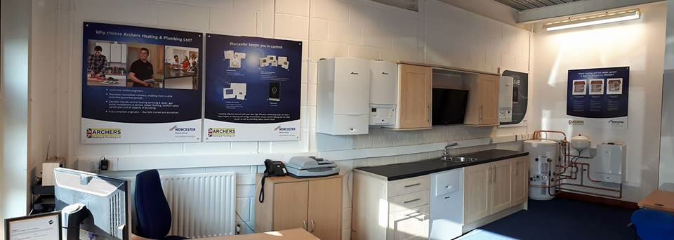 The Archers showroom with Worcester Bosch boilers, controls and a hot water cylinder on display
